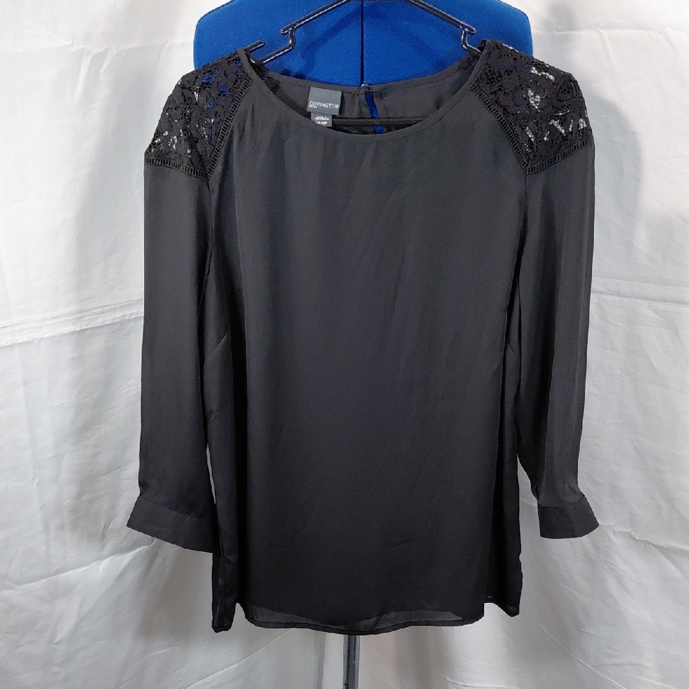 Covington Black Blouse with Lace Shoulders